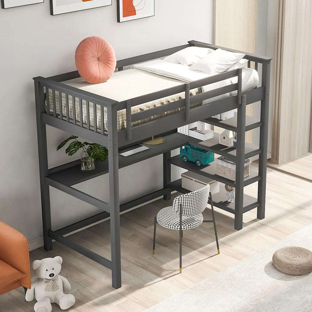 Gray Twin Size Wood Loft Bed With Storage Shelves And Desk By Homeroots - Image 2