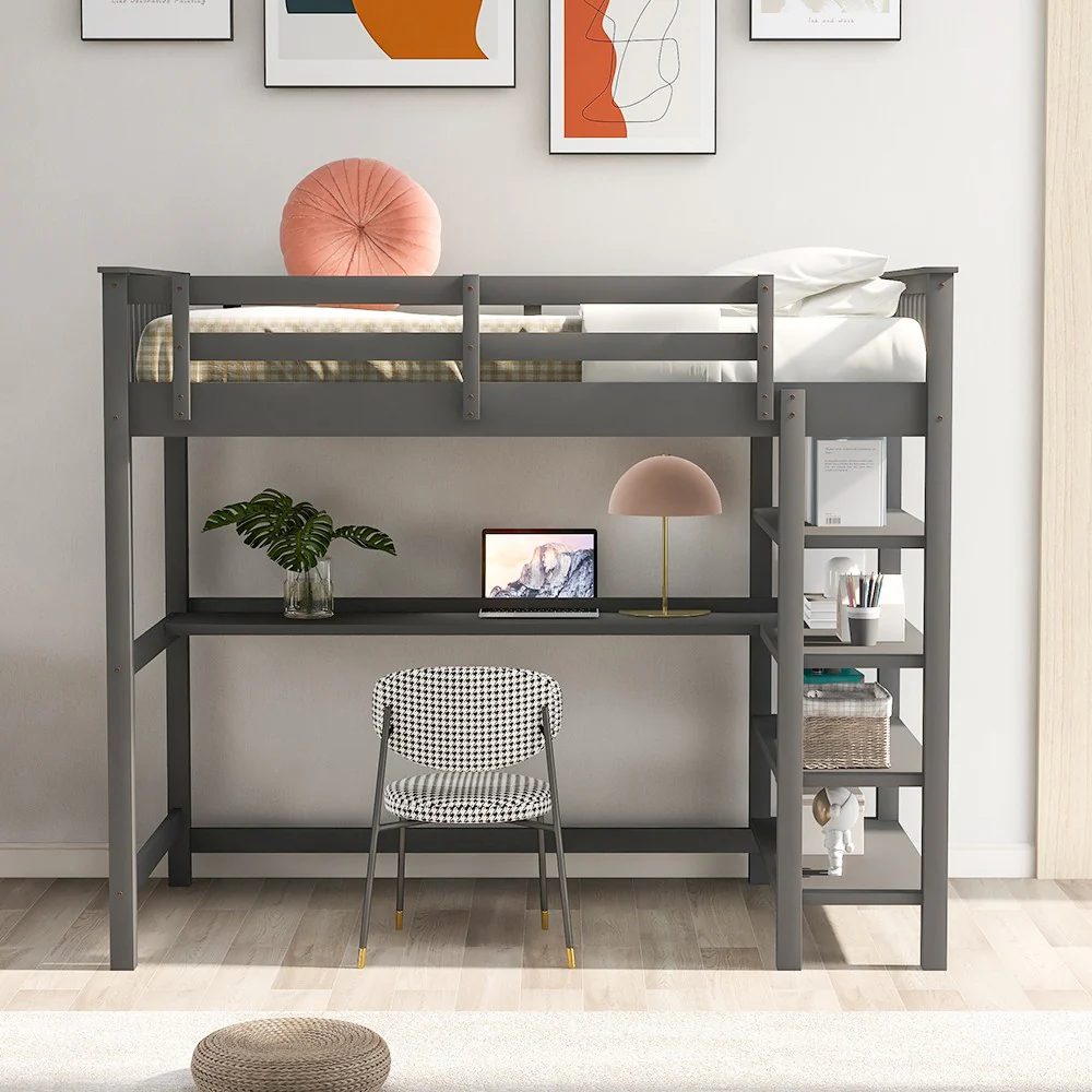 Gray Twin Size Wood Loft Bed With Storage Shelves And Desk By Homeroots - Image 3