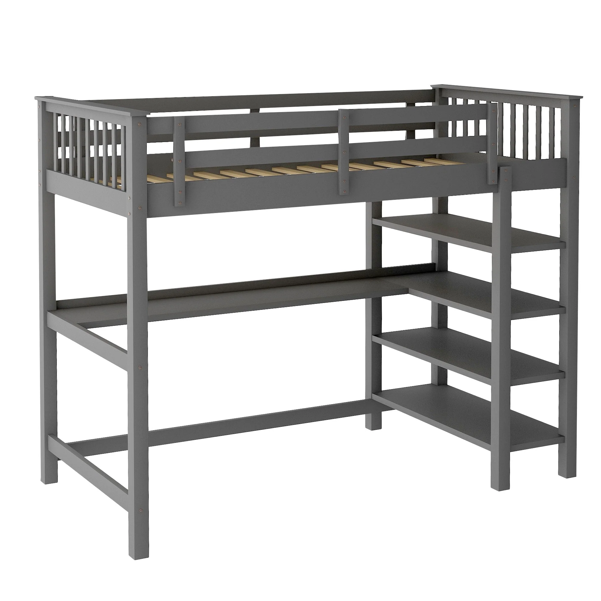 Gray Twin Size Wood Loft Bed With Storage Shelves And Desk By Homeroots - Image 4