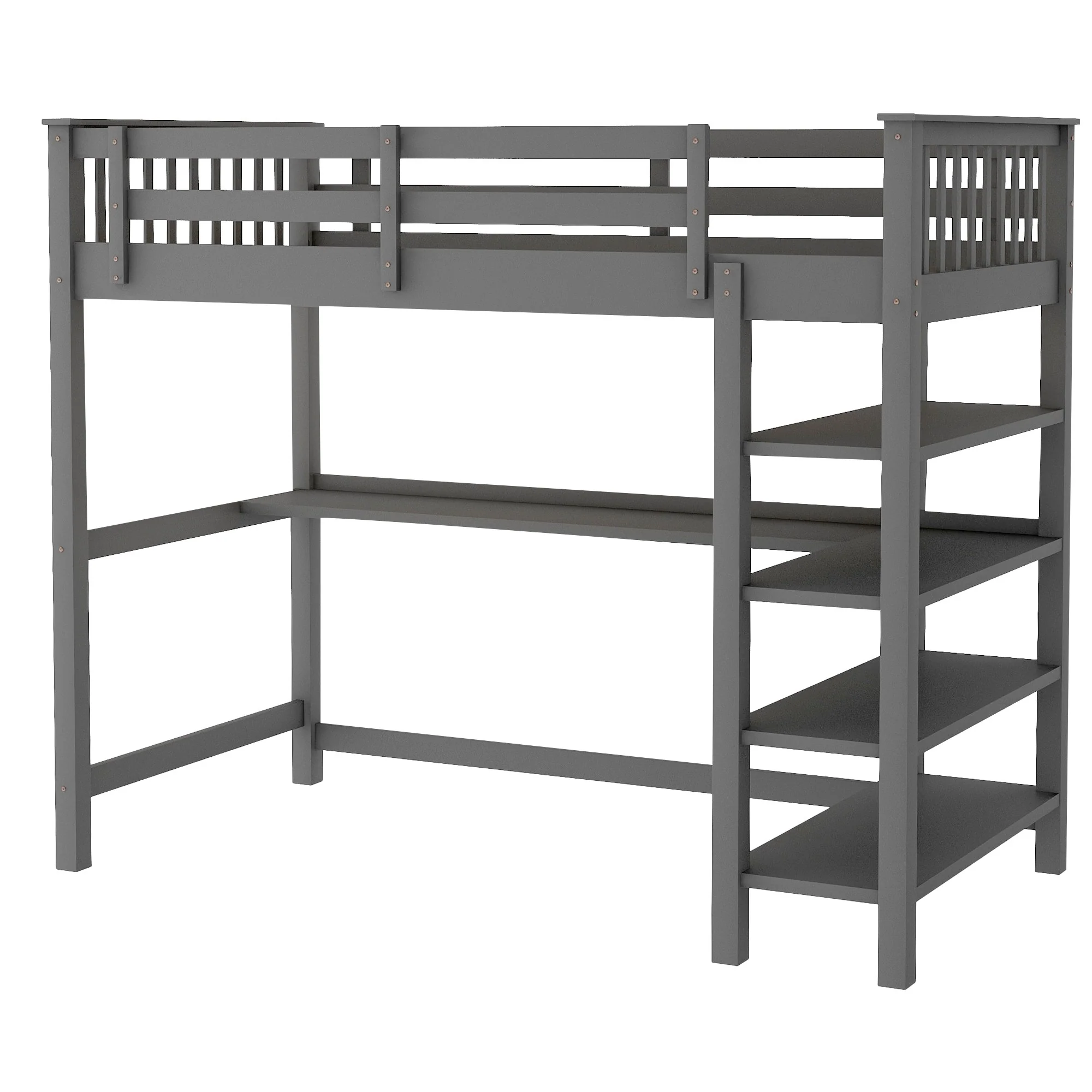 Gray Twin Size Wood Loft Bed With Storage Shelves And Desk By Homeroots - Image 5