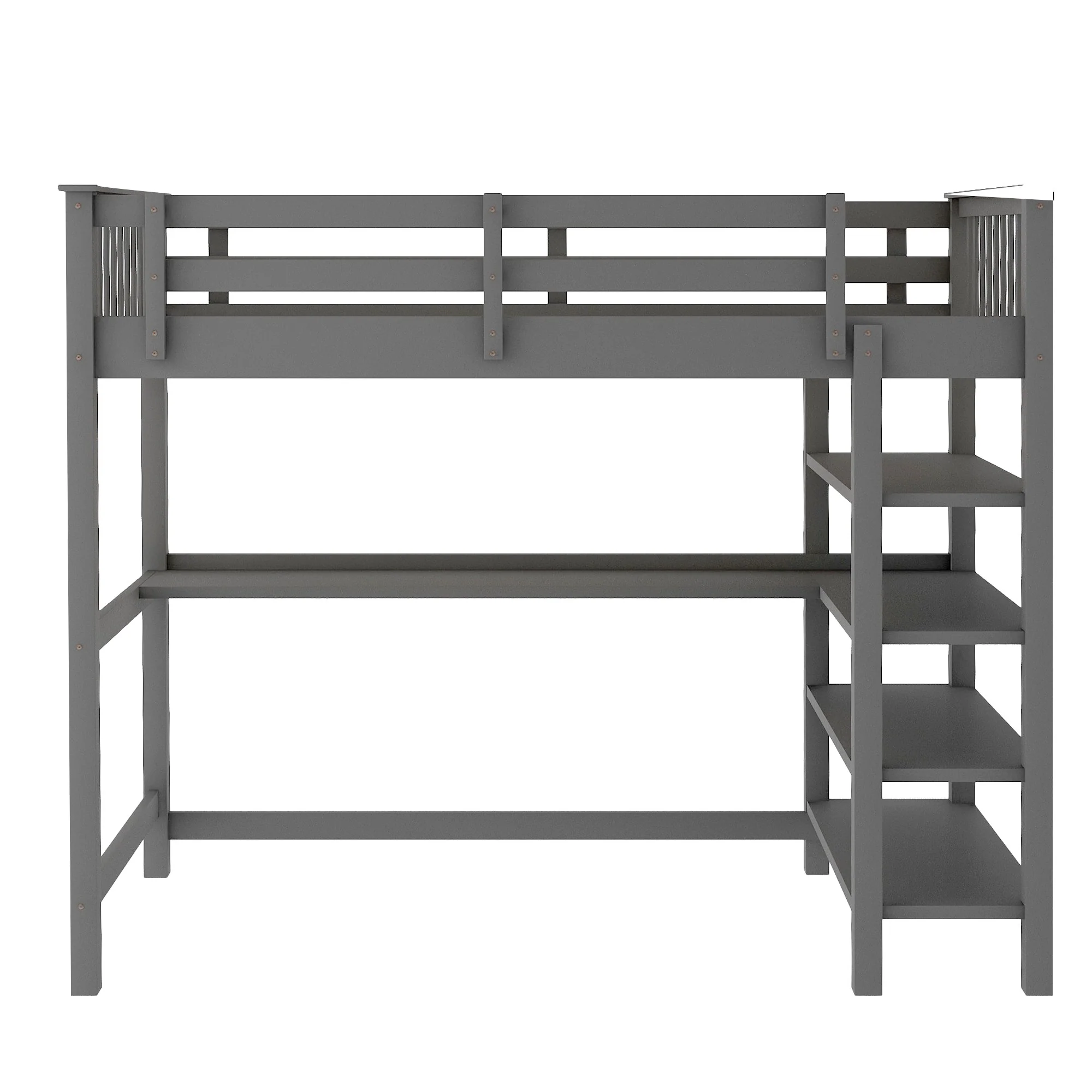 Gray Twin Size Wood Loft Bed With Storage Shelves And Desk By Homeroots - Image 6