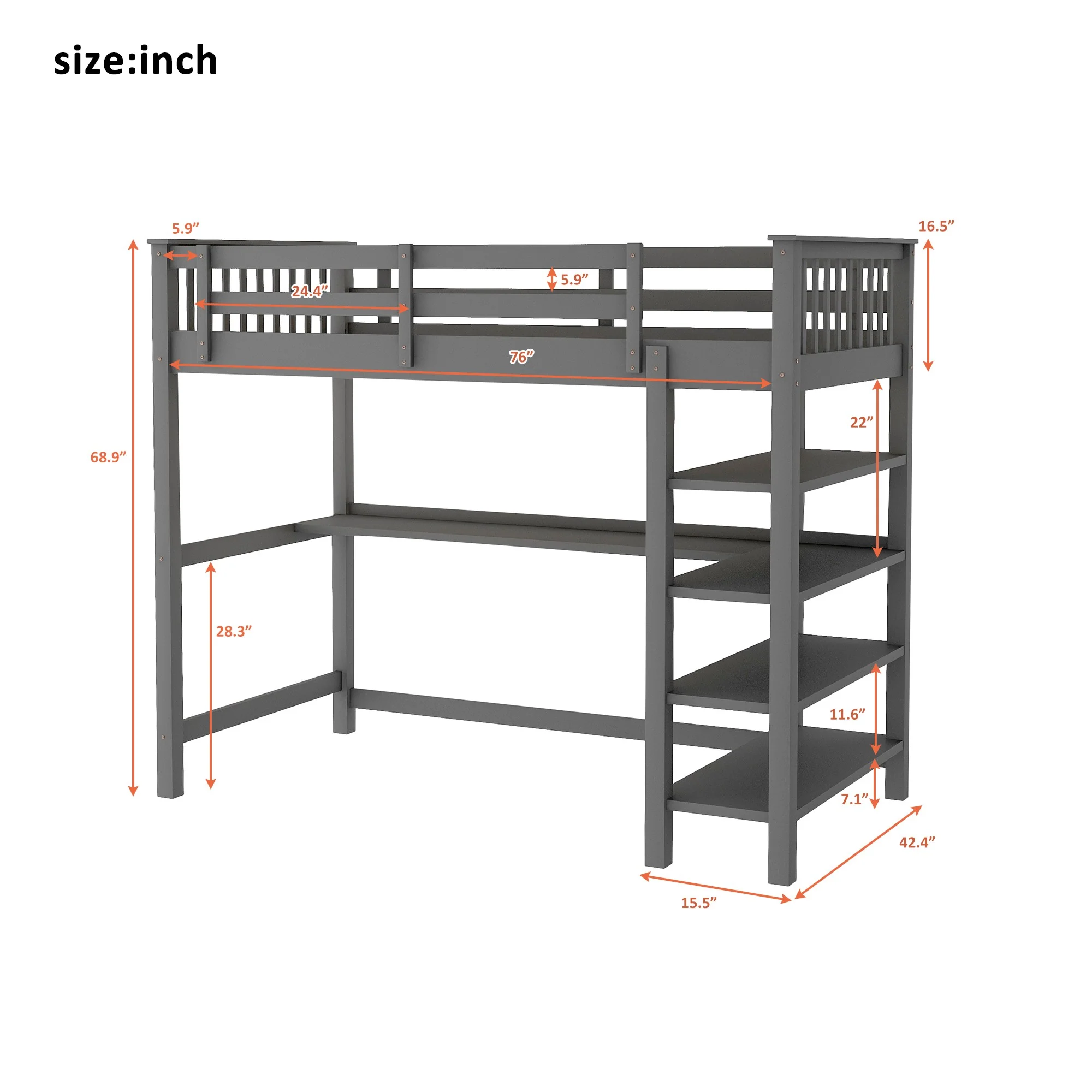 Gray Twin Size Wood Loft Bed With Storage Shelves And Desk By Homeroots - Image 7