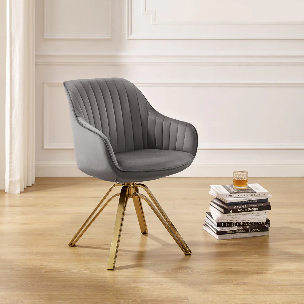 Gray Velvet And Gold Swivel Arm Chair By Homeroots - Image 6
