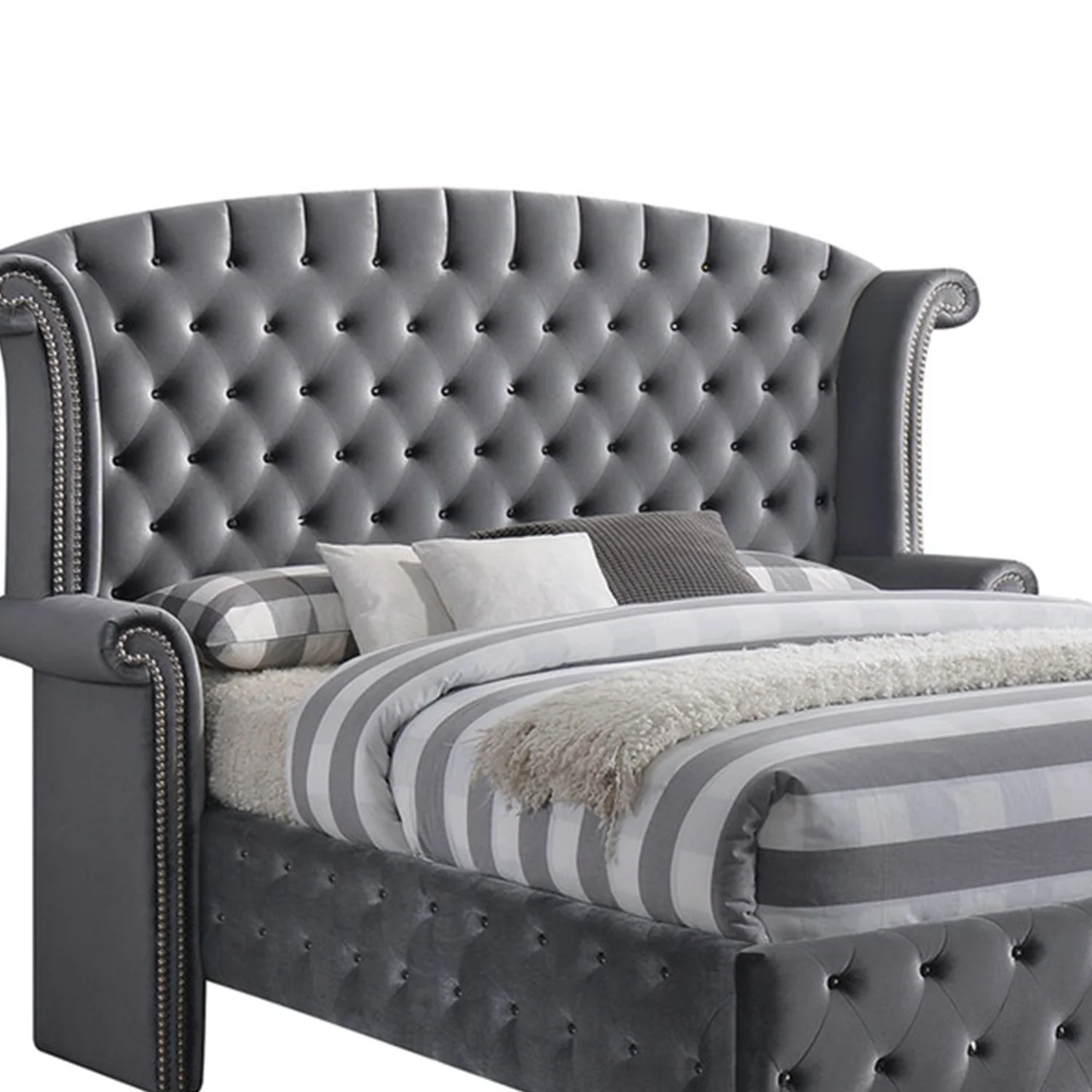 Gray Velvet Queen Bed By Homeroots - Image 2