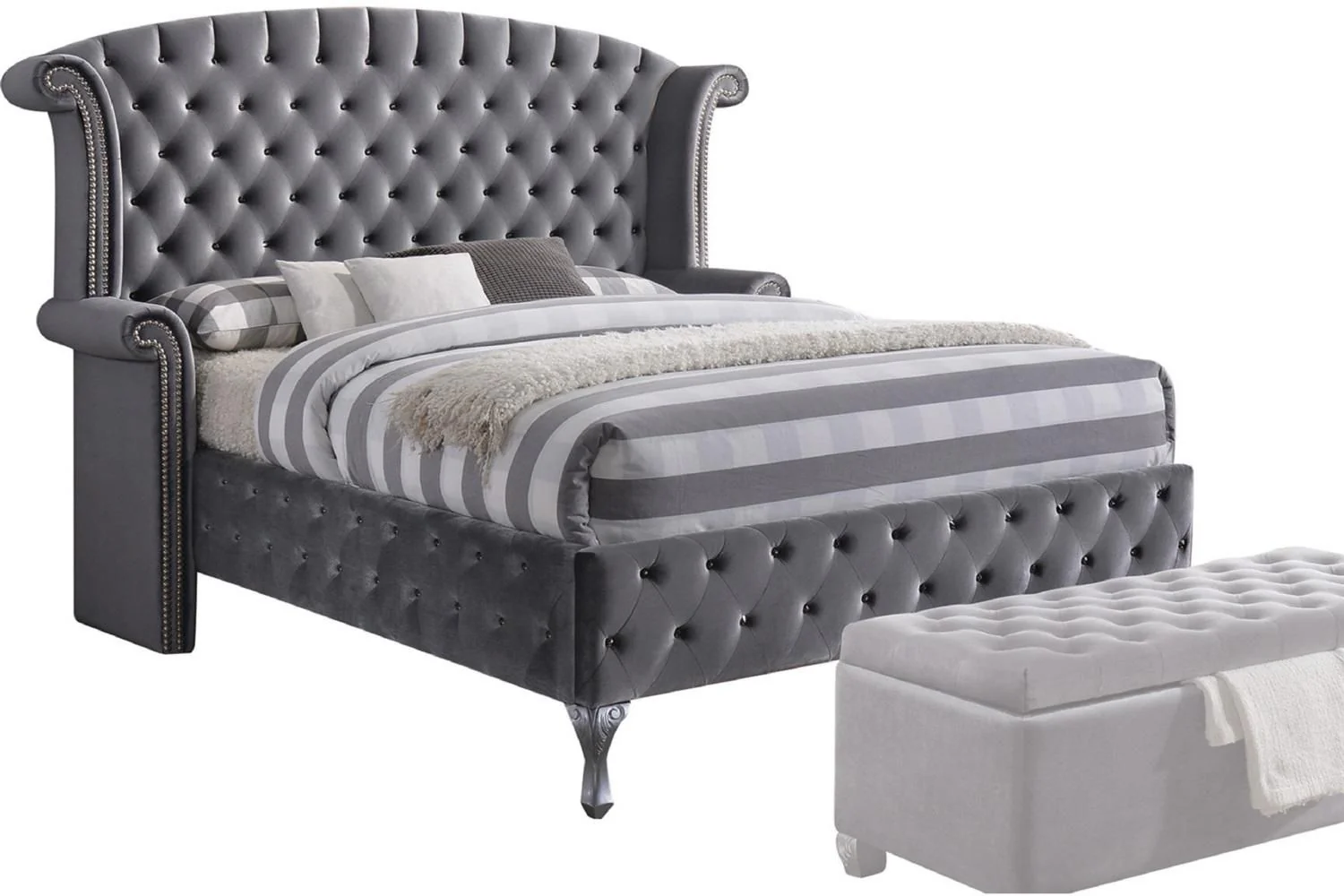 Gray Velvet Queen Bed By Homeroots - Image 3