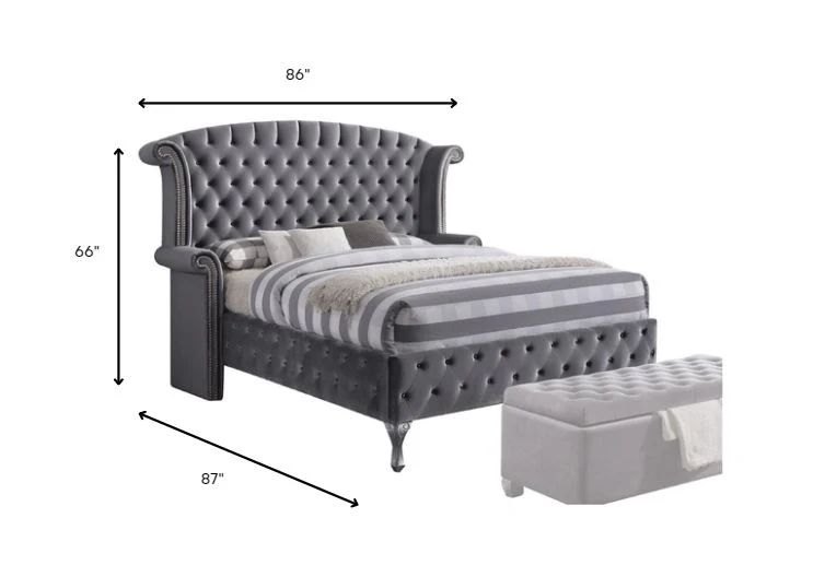 Gray Velvet Queen Bed By Homeroots - Image 4
