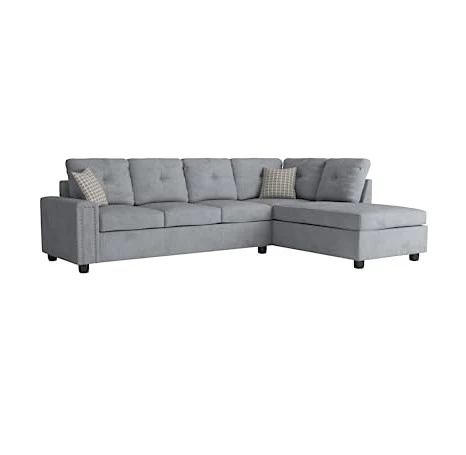 Gray Velvet Reversible Sectional Sofa With Pillows By Homeroots - Image 2