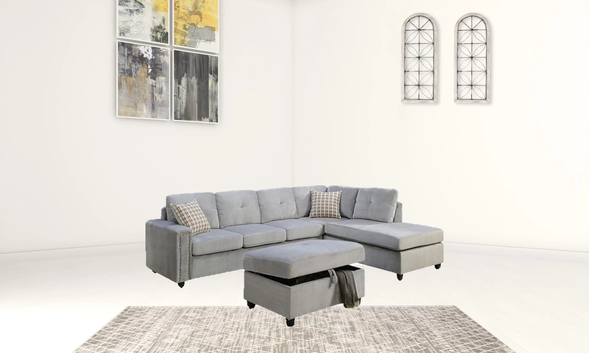 Gray Velvet Reversible Sectional Sofa With Pillows By Homeroots - Image 3