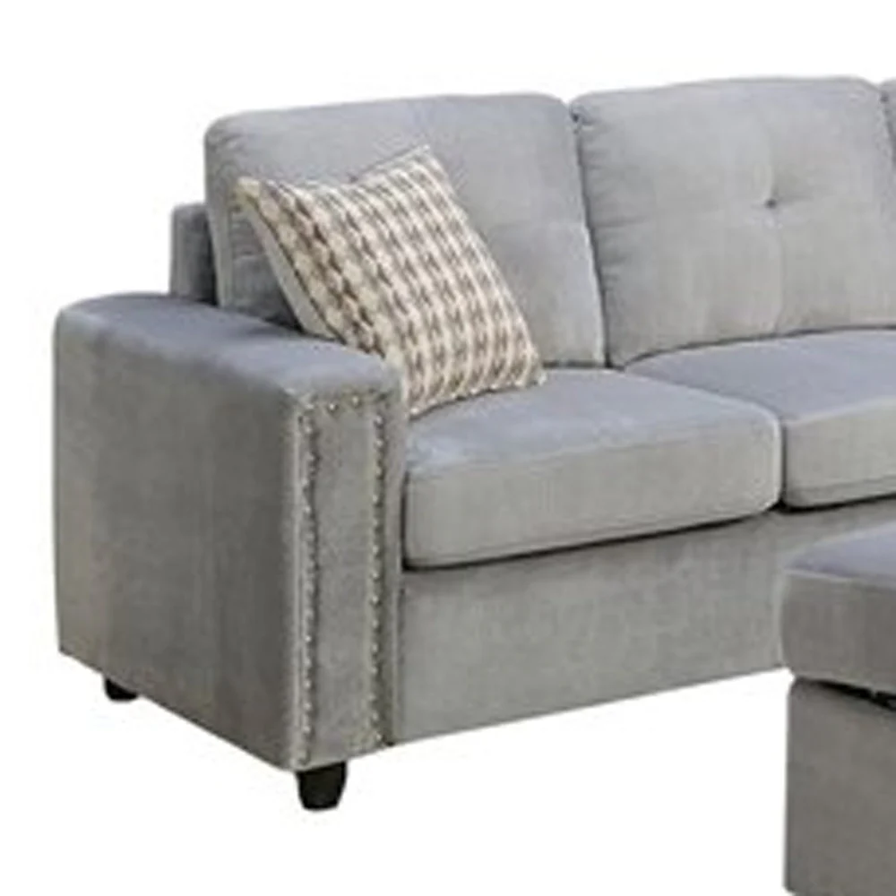 Gray Velvet Reversible Sectional Sofa With Pillows By Homeroots - Image 4
