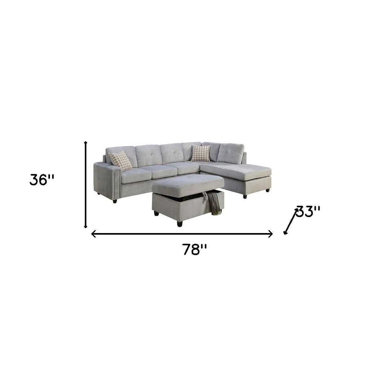 Gray Velvet Reversible Sectional Sofa With Pillows By Homeroots - Image 5