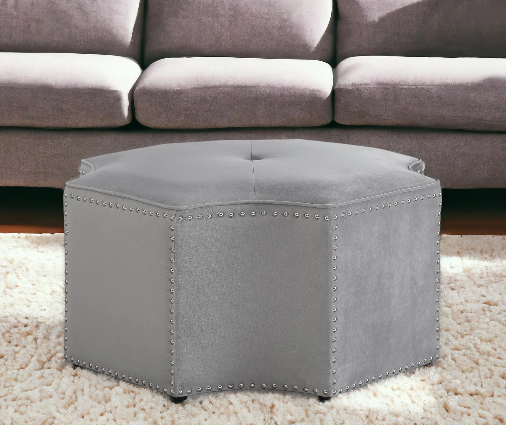 Gray Velvet Tufted Octagonal Cocktail Ottoman By Homeroots - Image 2