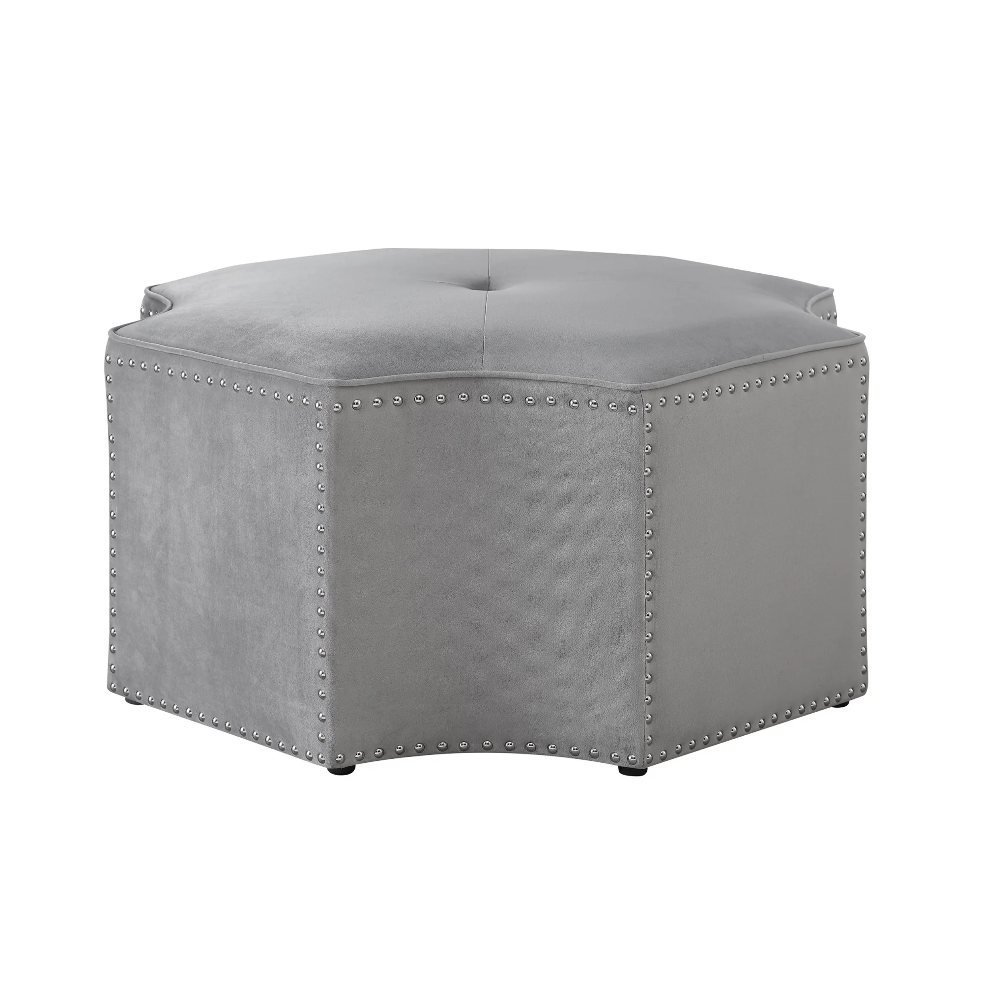 Gray Velvet Tufted Octagonal Cocktail Ottoman By Homeroots - Image 4
