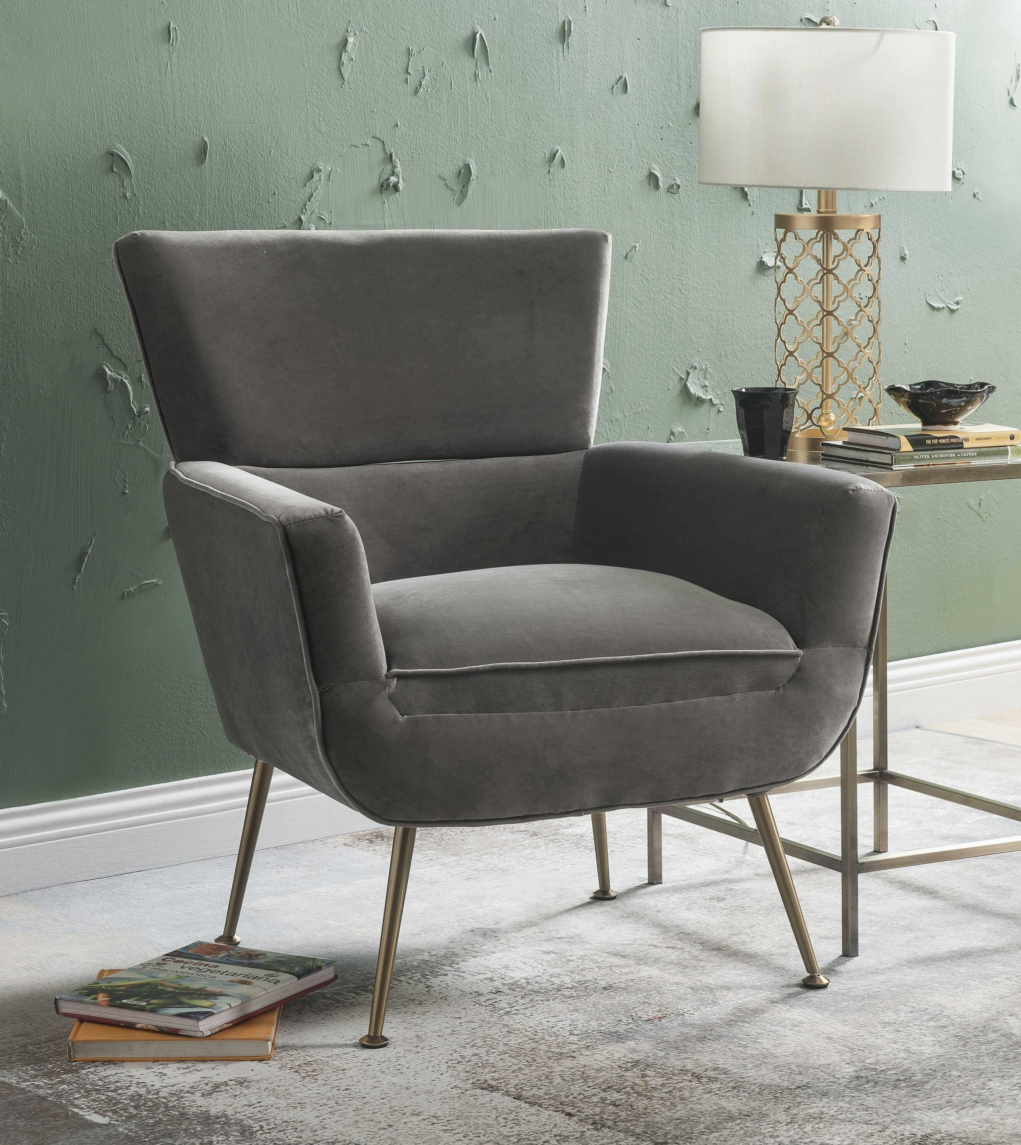 Gray Velvet Upholstery Metal Leg Accent Chair By Homeroots - Image 3