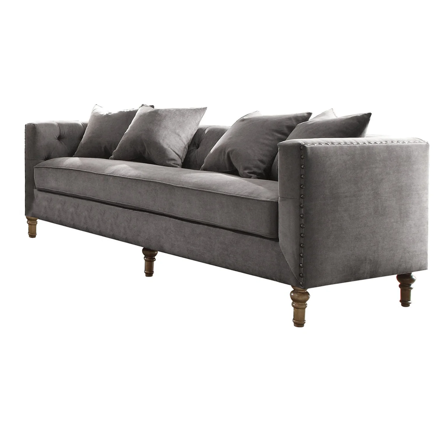 Gray Velvet Upholstery Sofa w Pillows By Homeroots - Image 3