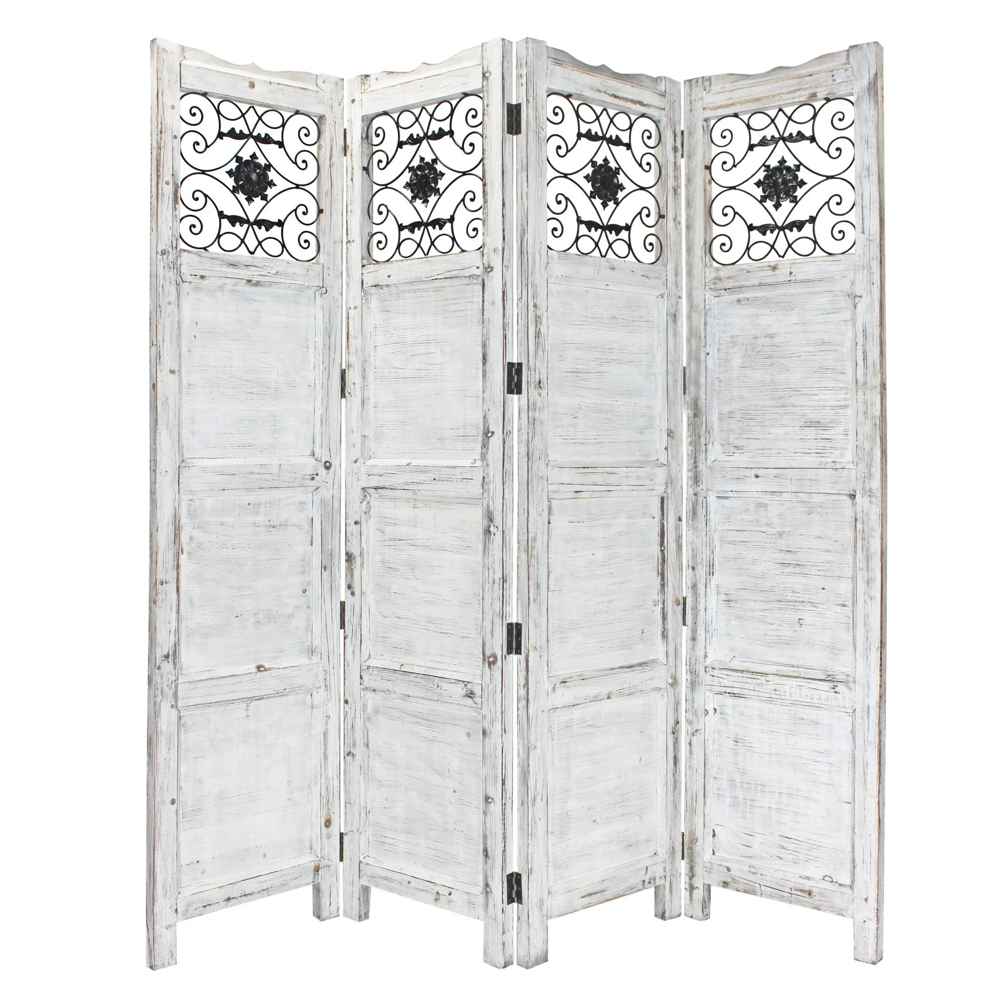 Gray Wash 4 Panel with Scroll Work Room Divider Screen By Homeroots - Image 2
