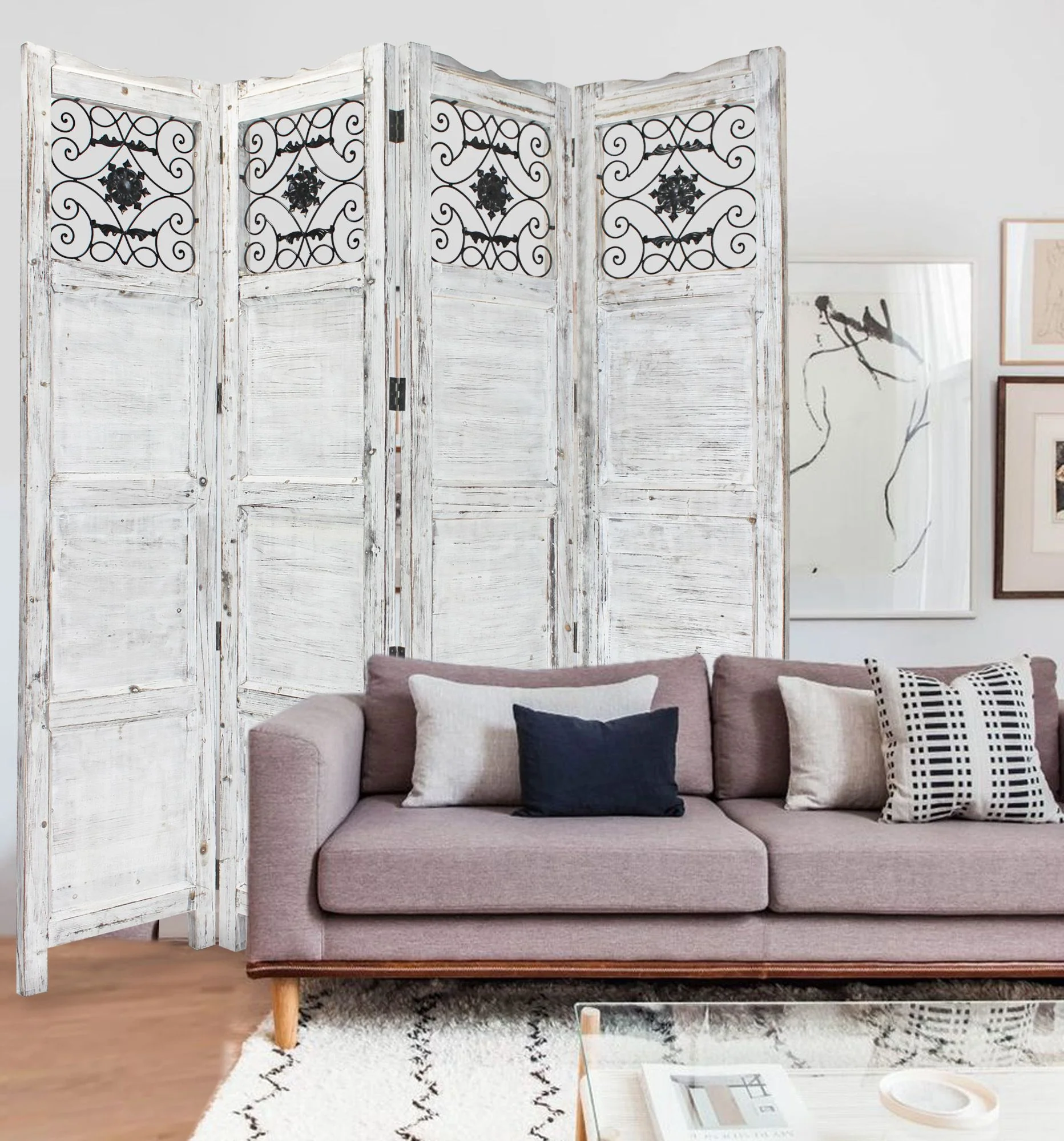 Gray Wash 4 Panel with Scroll Work Room Divider Screen By Homeroots - Image 4