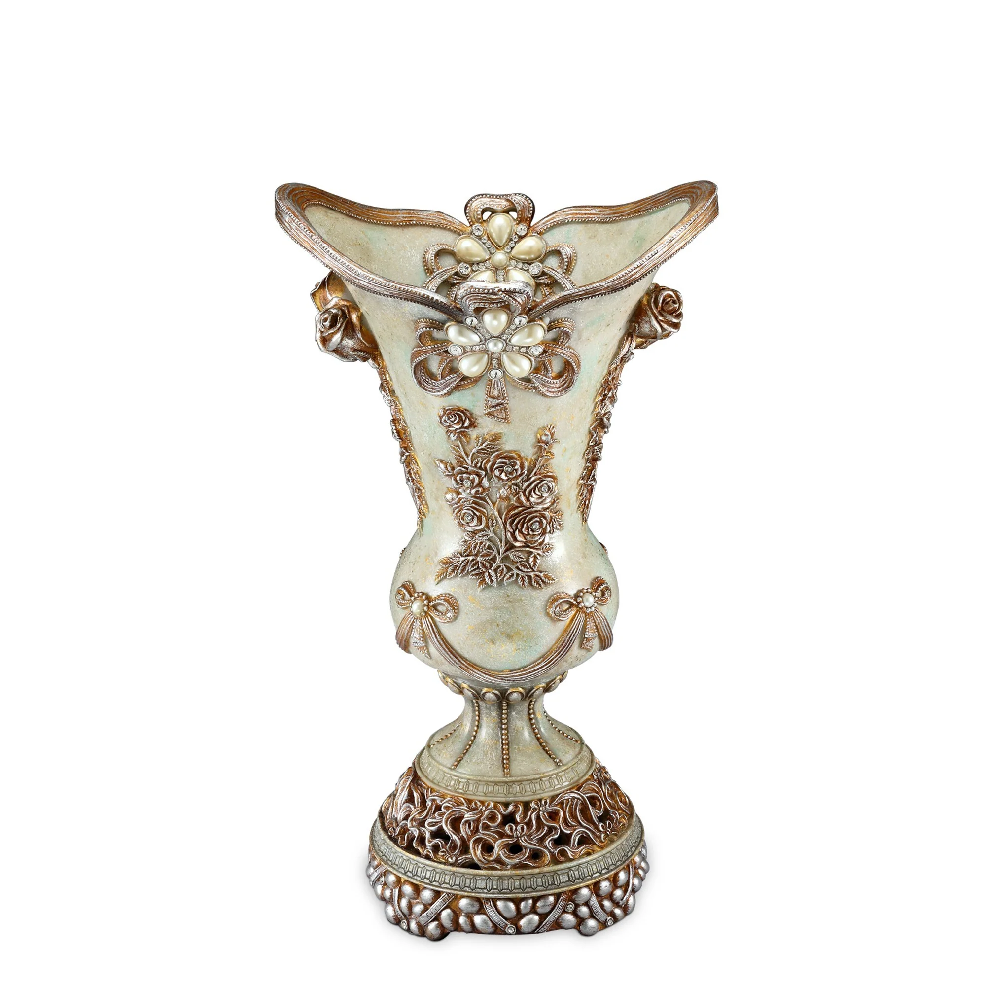 Green Bronze and Silver Floral Trumpet Polyresin Table Vase With Stones By Homeroots - Image 2