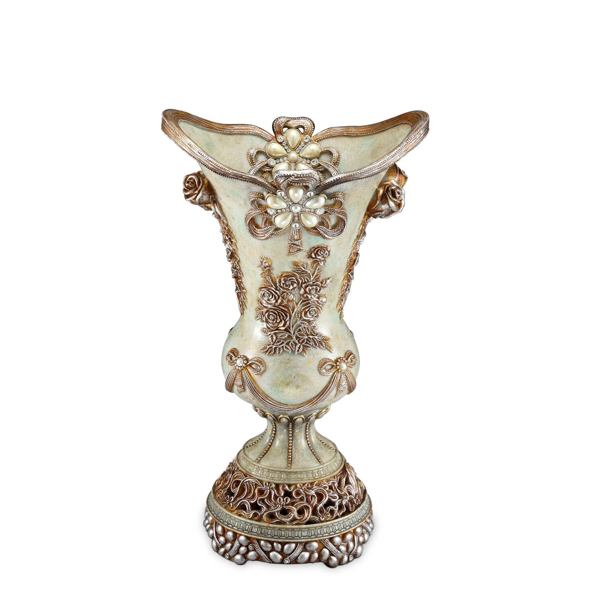 Green Bronze and Silver Floral Trumpet Polyresin Table Vase With Stones By Homeroots - Image 3