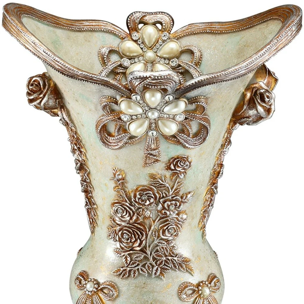 Green Bronze and Silver Floral Trumpet Polyresin Table Vase With Stones By Homeroots - Image 4