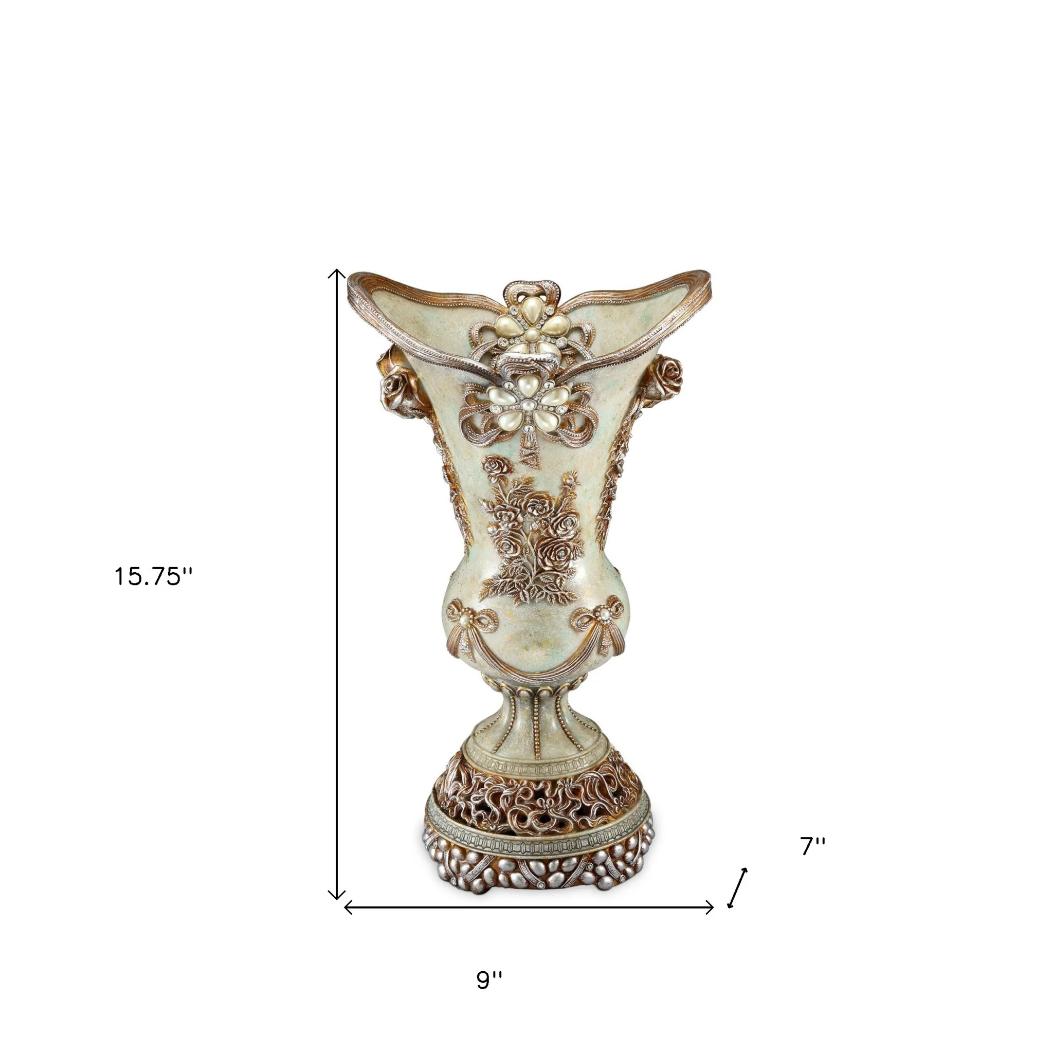 Green Bronze and Silver Floral Trumpet Polyresin Table Vase With Stones By Homeroots - Image 5