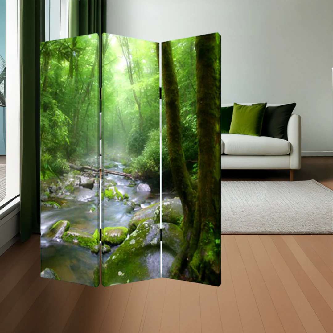 Green CanvasFolding Three Panel Screen Room Divider By Homeroots - Image 6