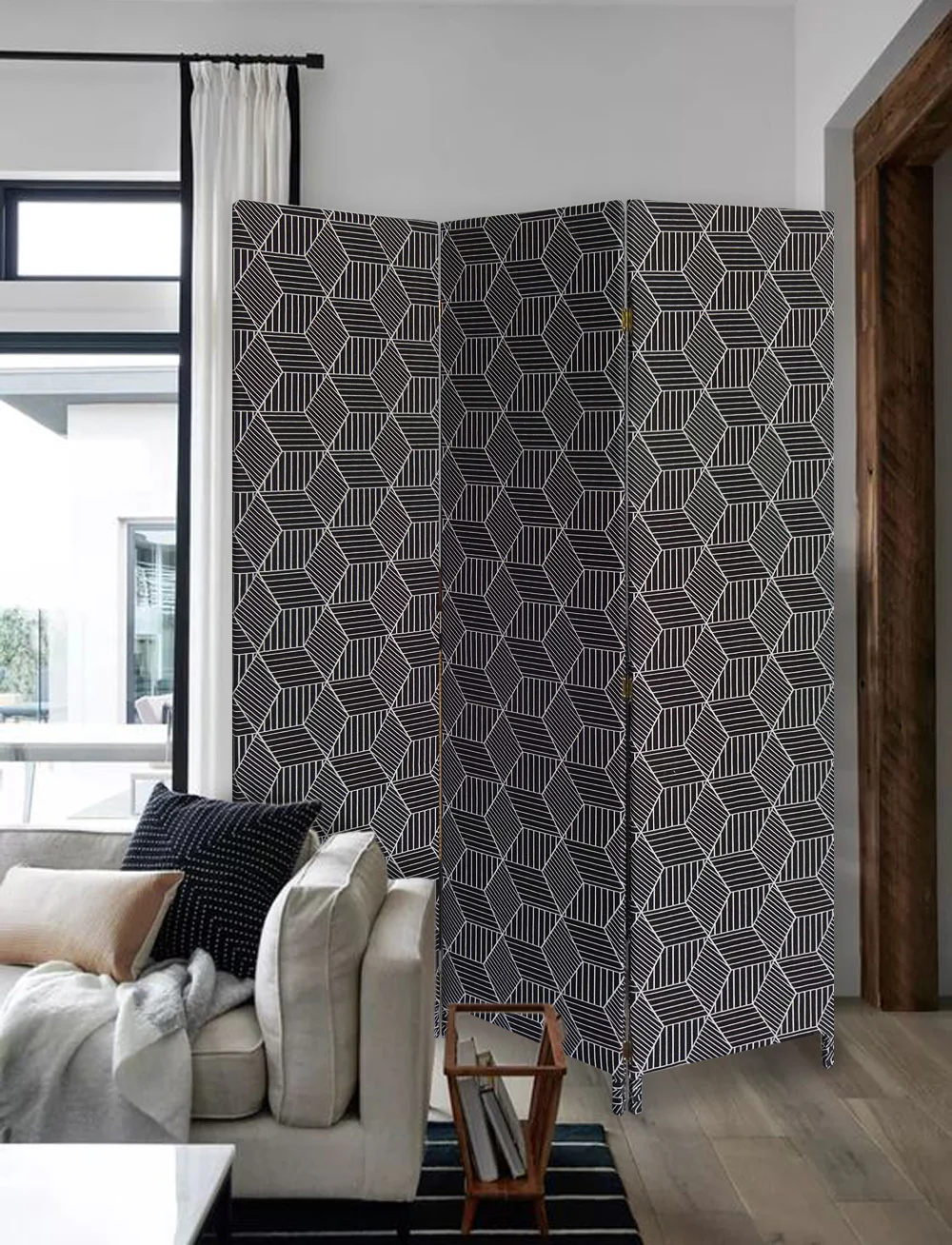 Green Fabric Folding Three Panel Screen Room Divider By Homeroots - Image 7