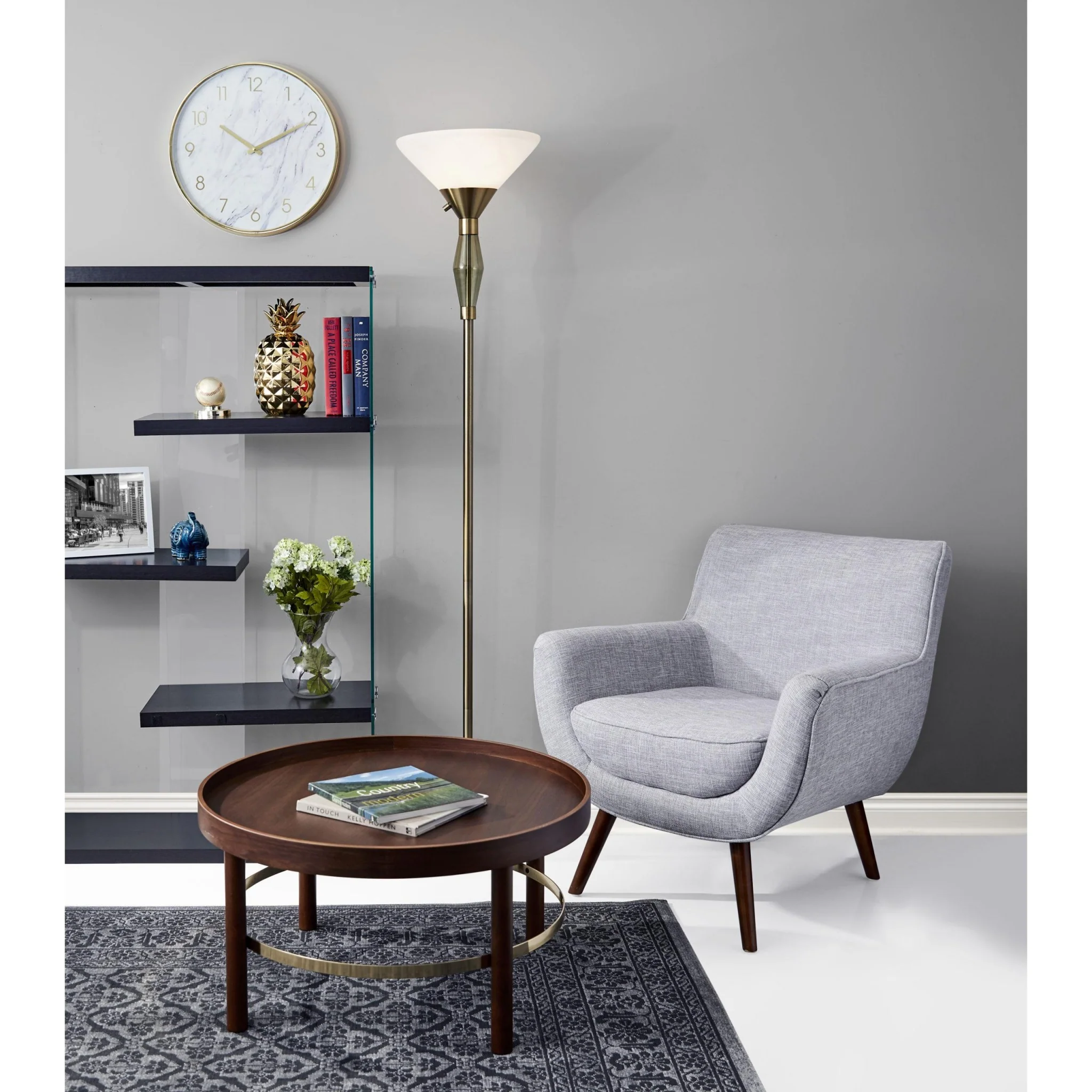 Green Glass Bauble Torchiere Floor Lamp in Burnished Brass Finish By Homeroots - Image 3