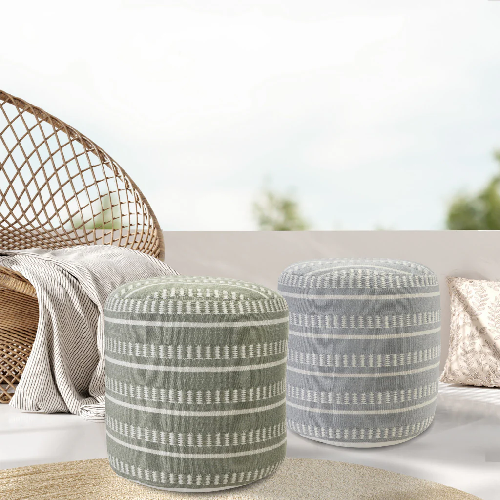 Green Polyester Round Striped Indoor Outdoor Pouf Ottoman By Homeroots - Image 7