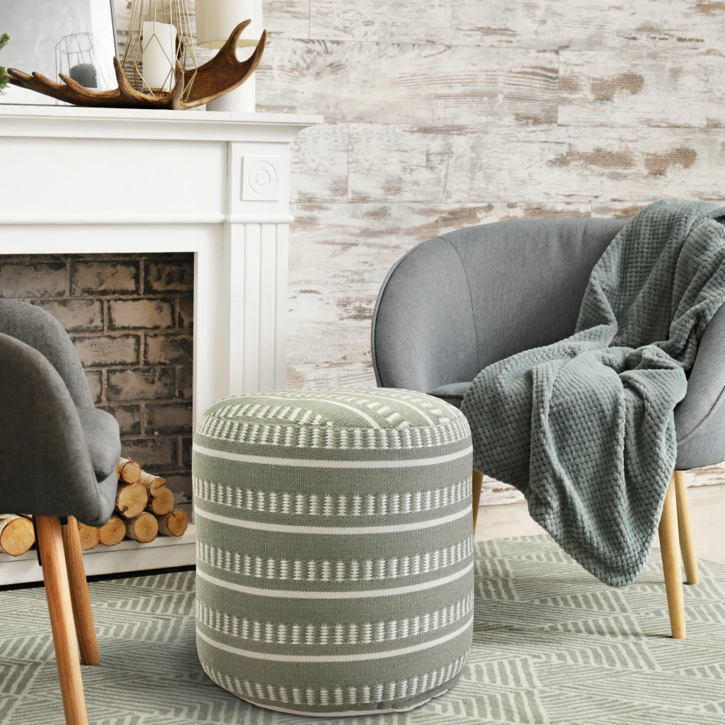 Green Polyester Round Striped Indoor Outdoor Pouf Ottoman By Homeroots - Image 8