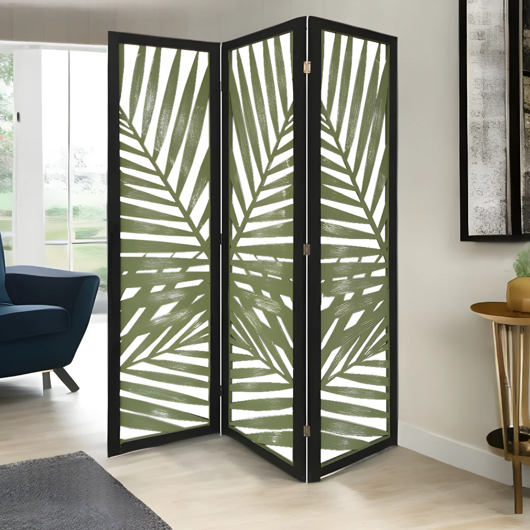 Green Solid WoodFolding Three Panel Screen Room Divider By Homeroots - Image 5