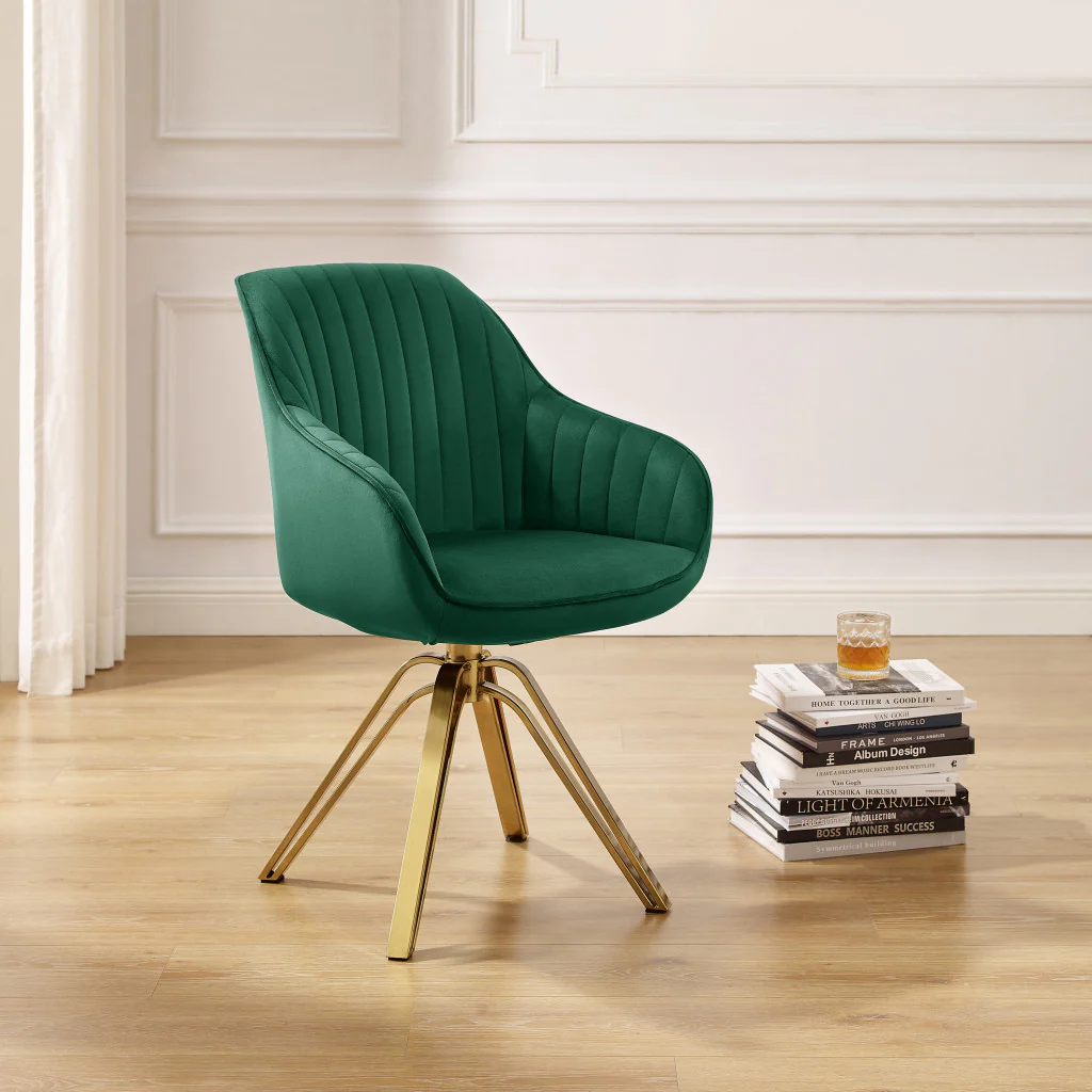 Green Velvet And Gold Swivel Arm Chair By Homeroots - Image 6