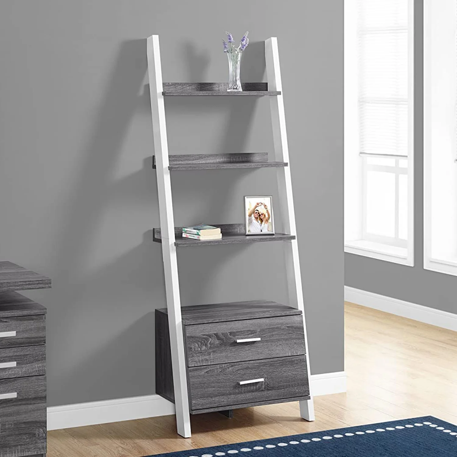 Grey Black Particle Board Hollow Core Bookcase with Storage Drawers By Homeroots - Image 10