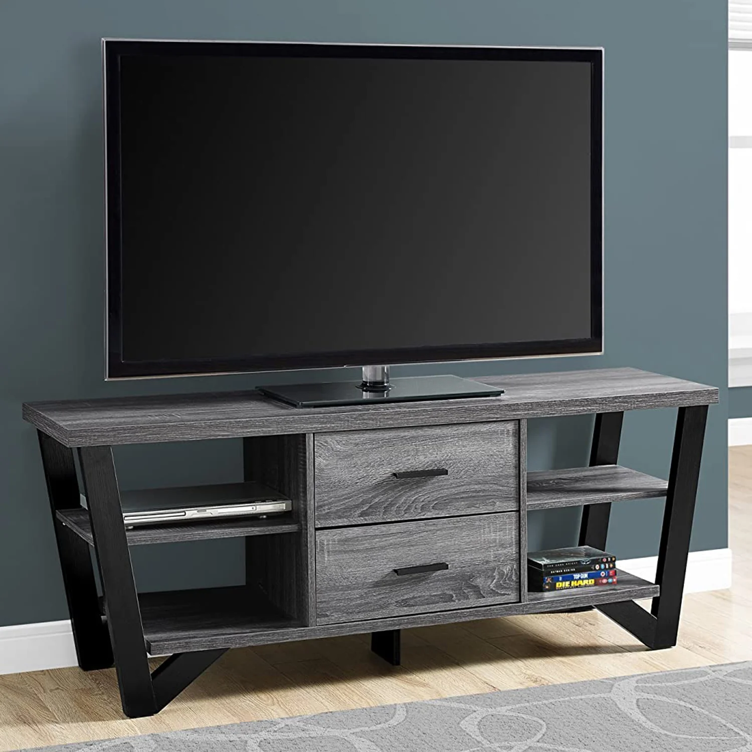 Grey Black Particle Board Hollow Core Metal TV Stand With 2 Drawers By Homeroots - Image 5