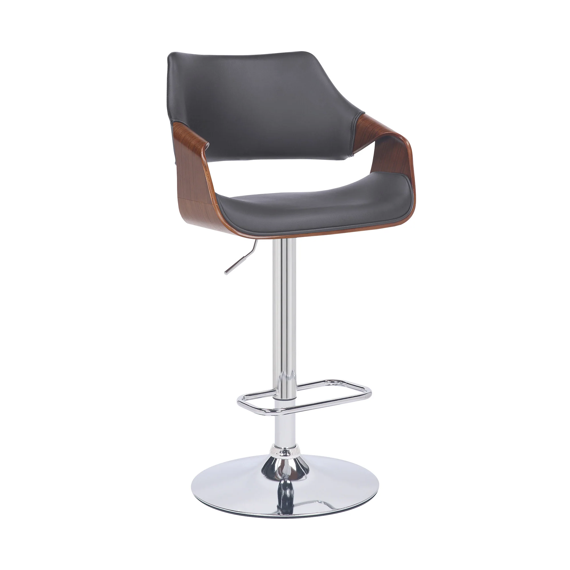 Grey Faux Leather and Walnut Wood and Chrome Swivel Adjustable Bar Stool By Homeroots - Image 2