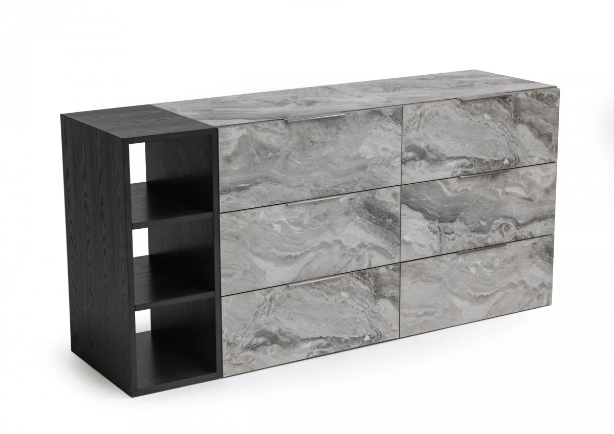 Grey Faux Marble and Black Wood Six Drawer Double Dresser By Homeroots - Image 2
