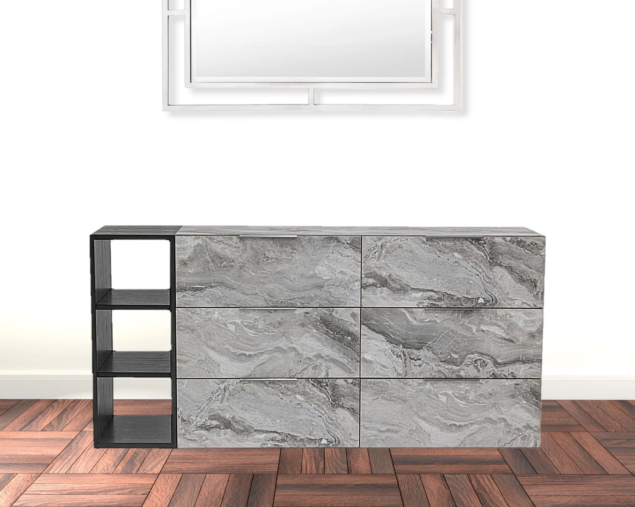 Grey Faux Marble and Black Wood Six Drawer Double Dresser By Homeroots - Image 3