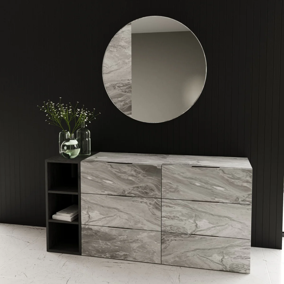 Grey Faux Marble and Black Wood Six Drawer Double Dresser By Homeroots - Image 4