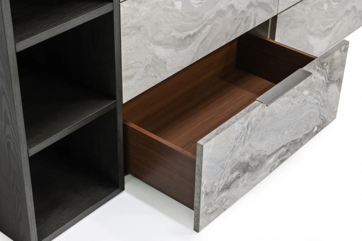 Grey Faux Marble and Black Wood Six Drawer Double Dresser By Homeroots - Image 5