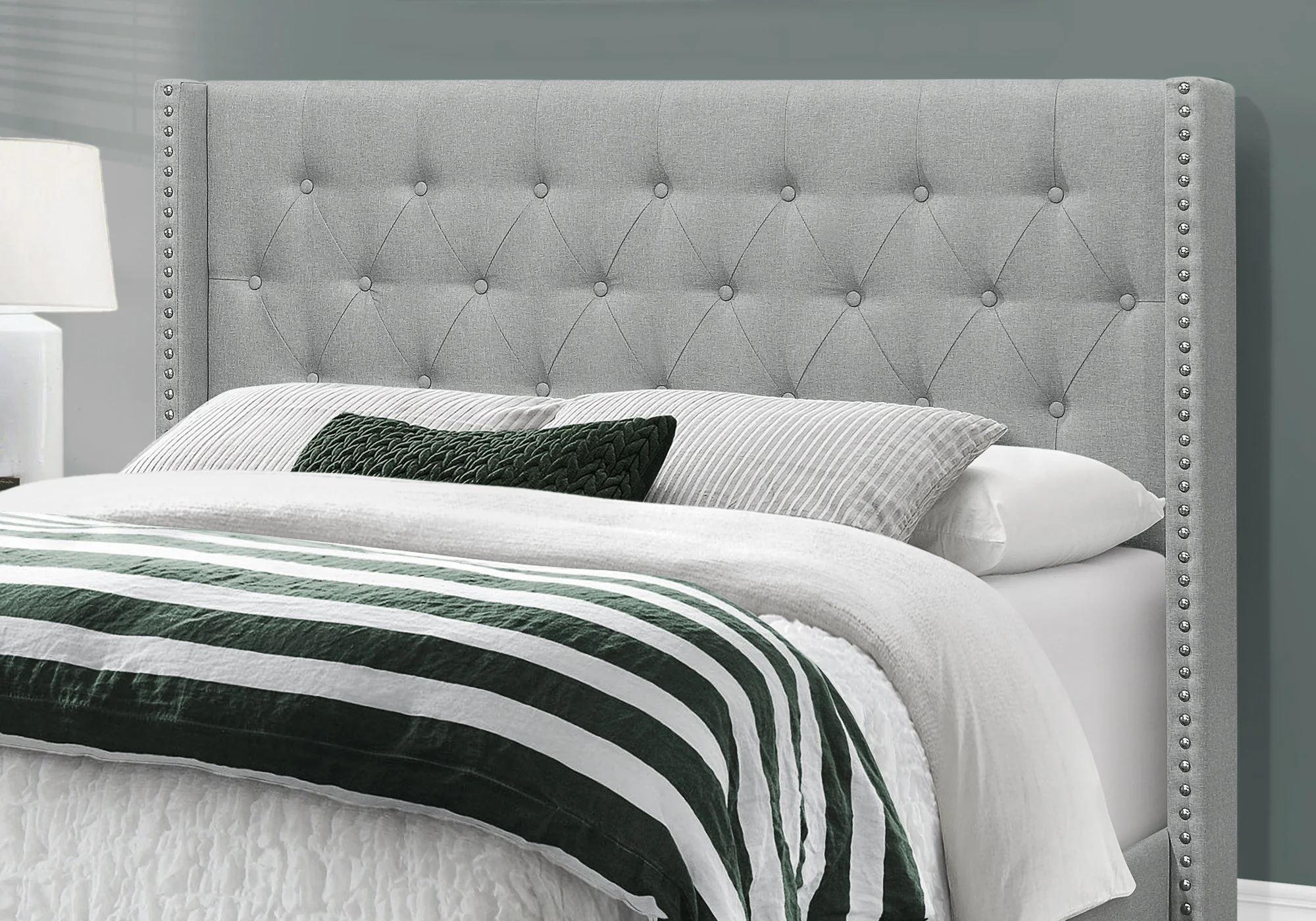 Grey Foam Solid Wood Linen Queen Size Bed With A Chrome Trim By Homeroots - 333331 - Image 2