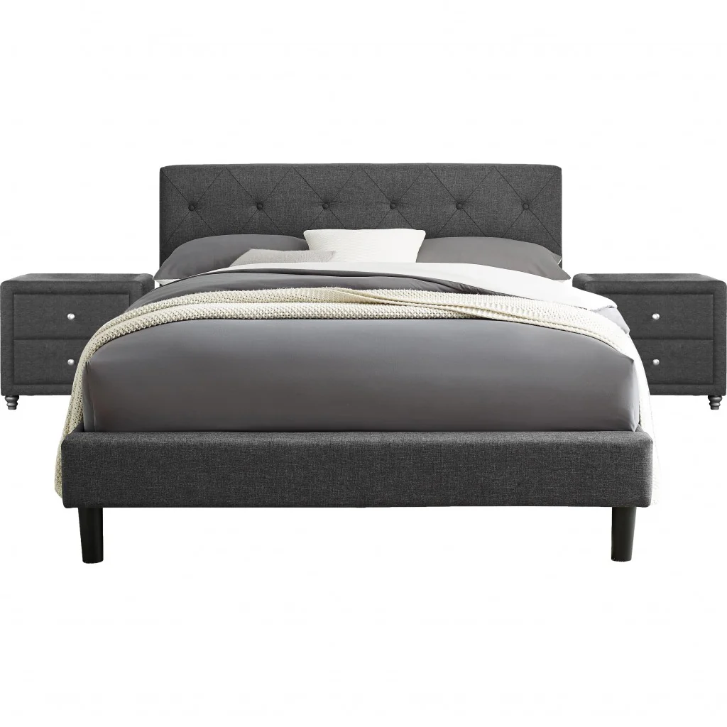 Grey Platform King Bed With Two Nightstands By Homeroots - Image 2