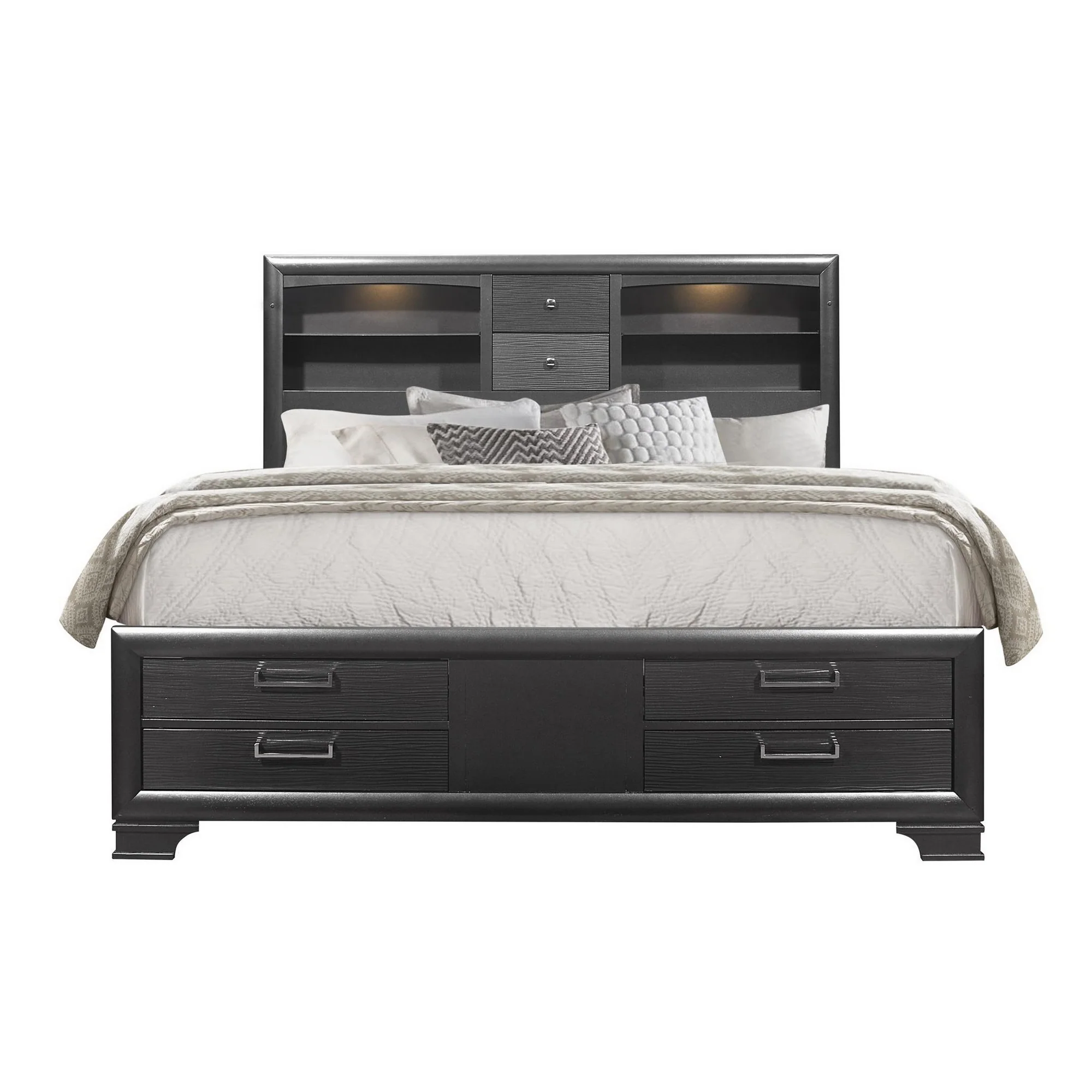 Grey Rubberwood Bed With Bookshelves Headboard Led Lightning 6 Drawers By Homeroots - 383796 - Image 2