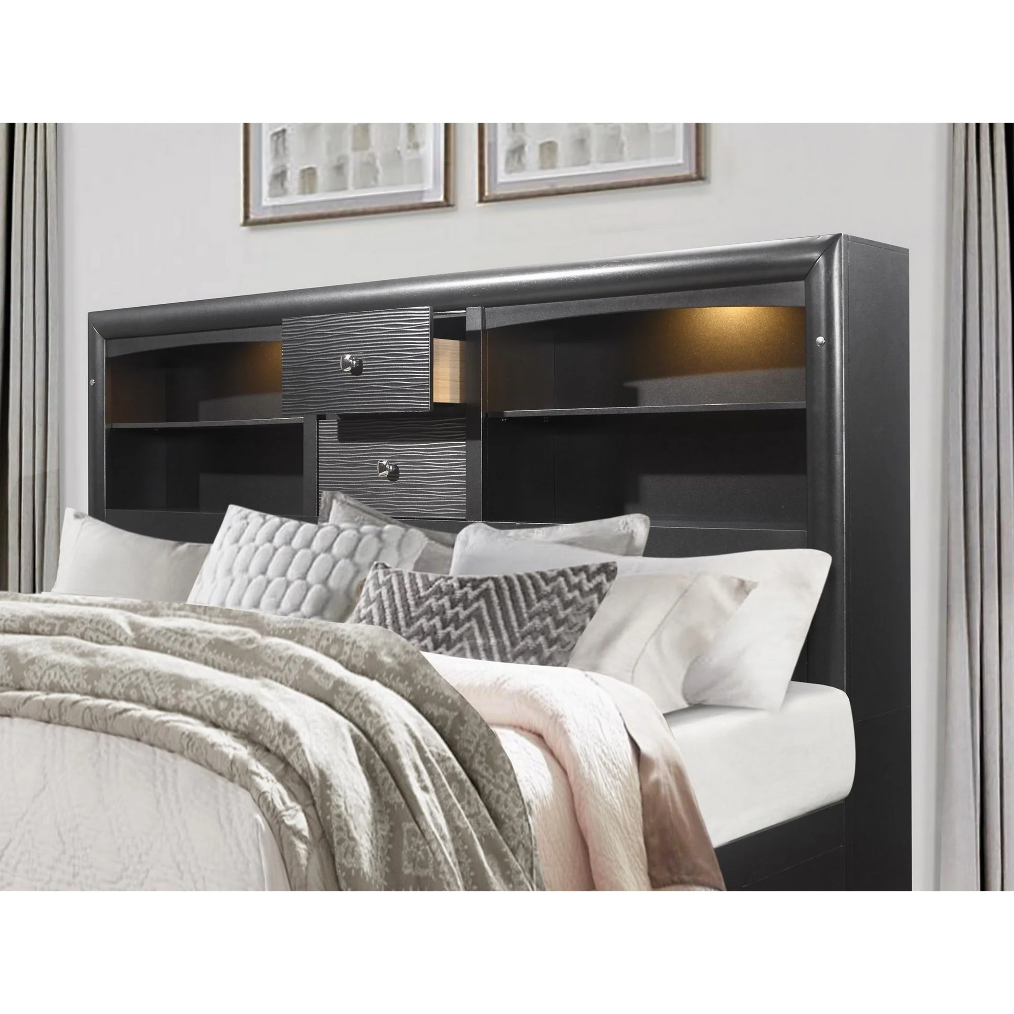 Grey Rubberwood Bed With Bookshelves Headboard Led Lightning 6 Drawers By Homeroots - 383796 - Image 4