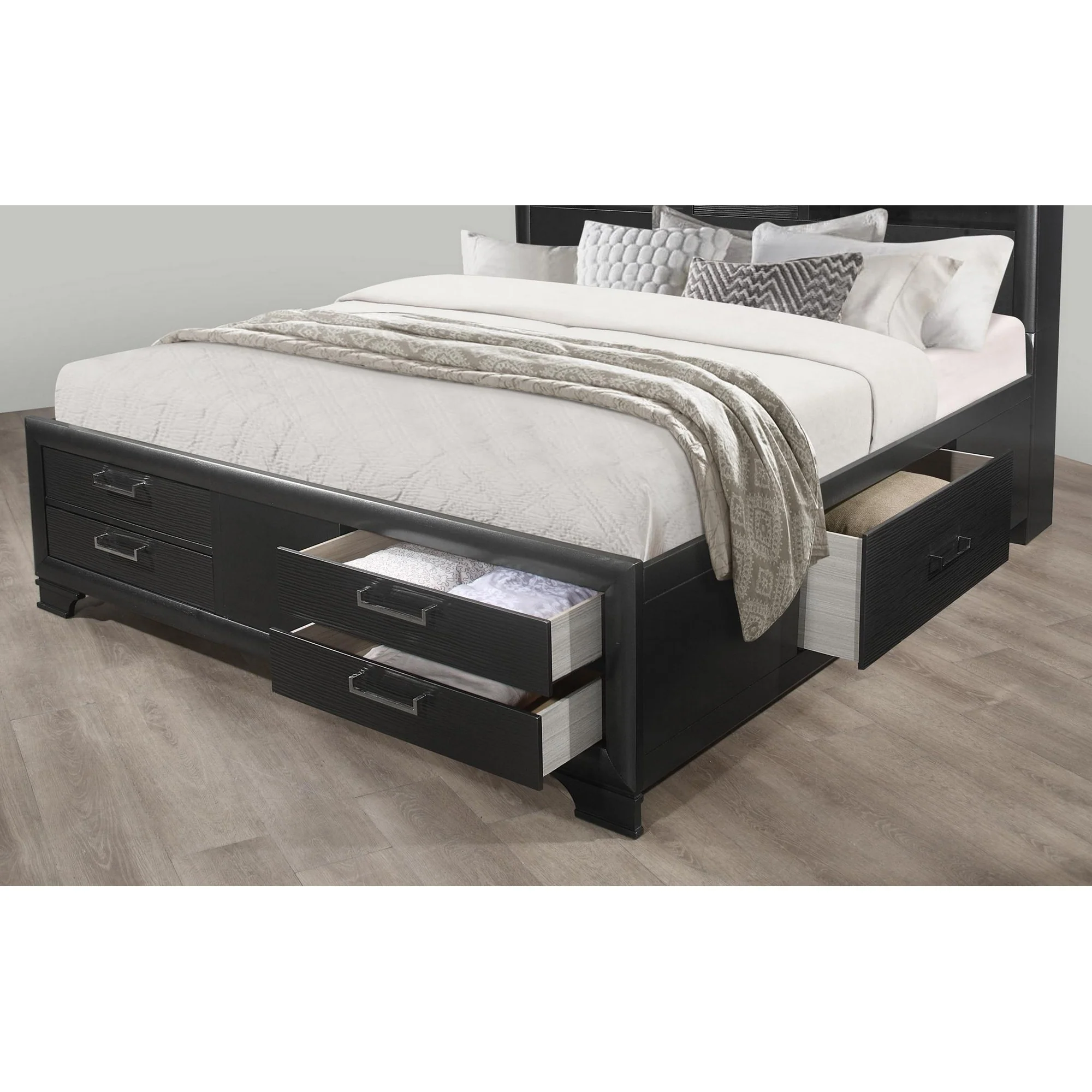 Grey Rubberwood Bed With Bookshelves Headboard Led Lightning 6 Drawers By Homeroots - 383796 - Image 5