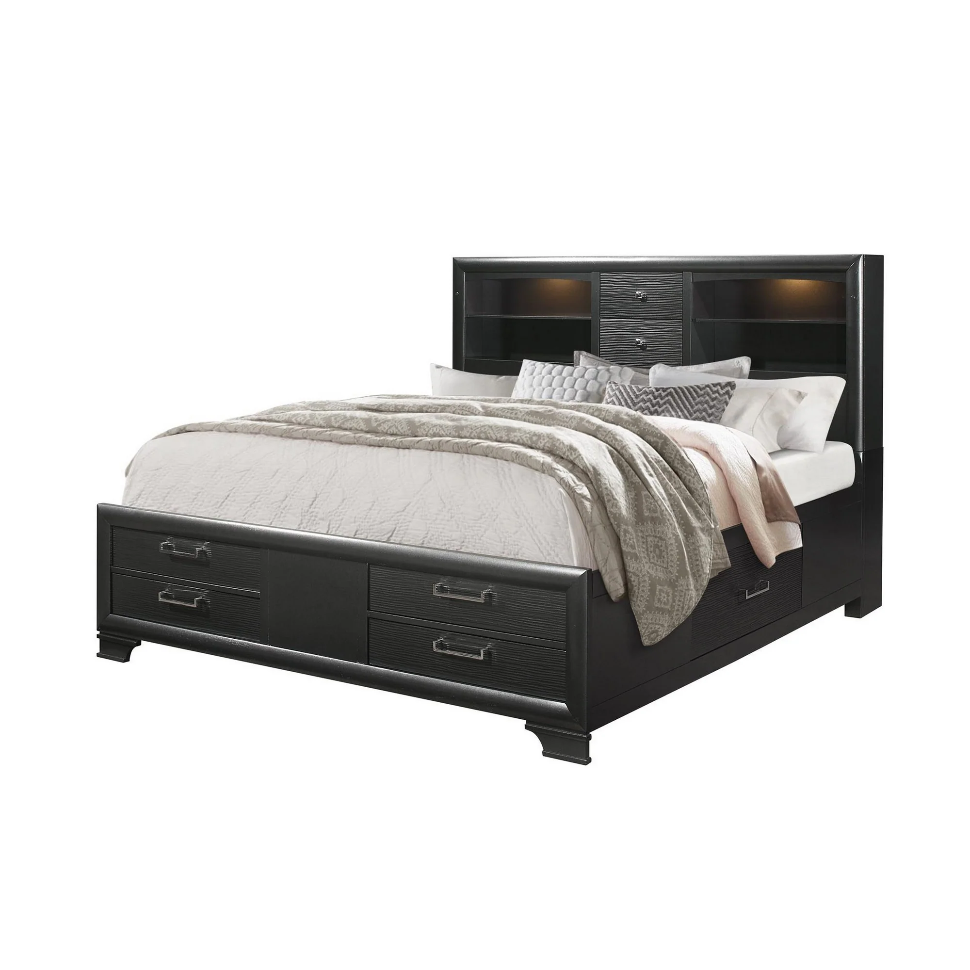 Grey Rubberwood Bed With Bookshelves Headboard Led Lightning 6 Drawers By Homeroots - 383798 - Image 3