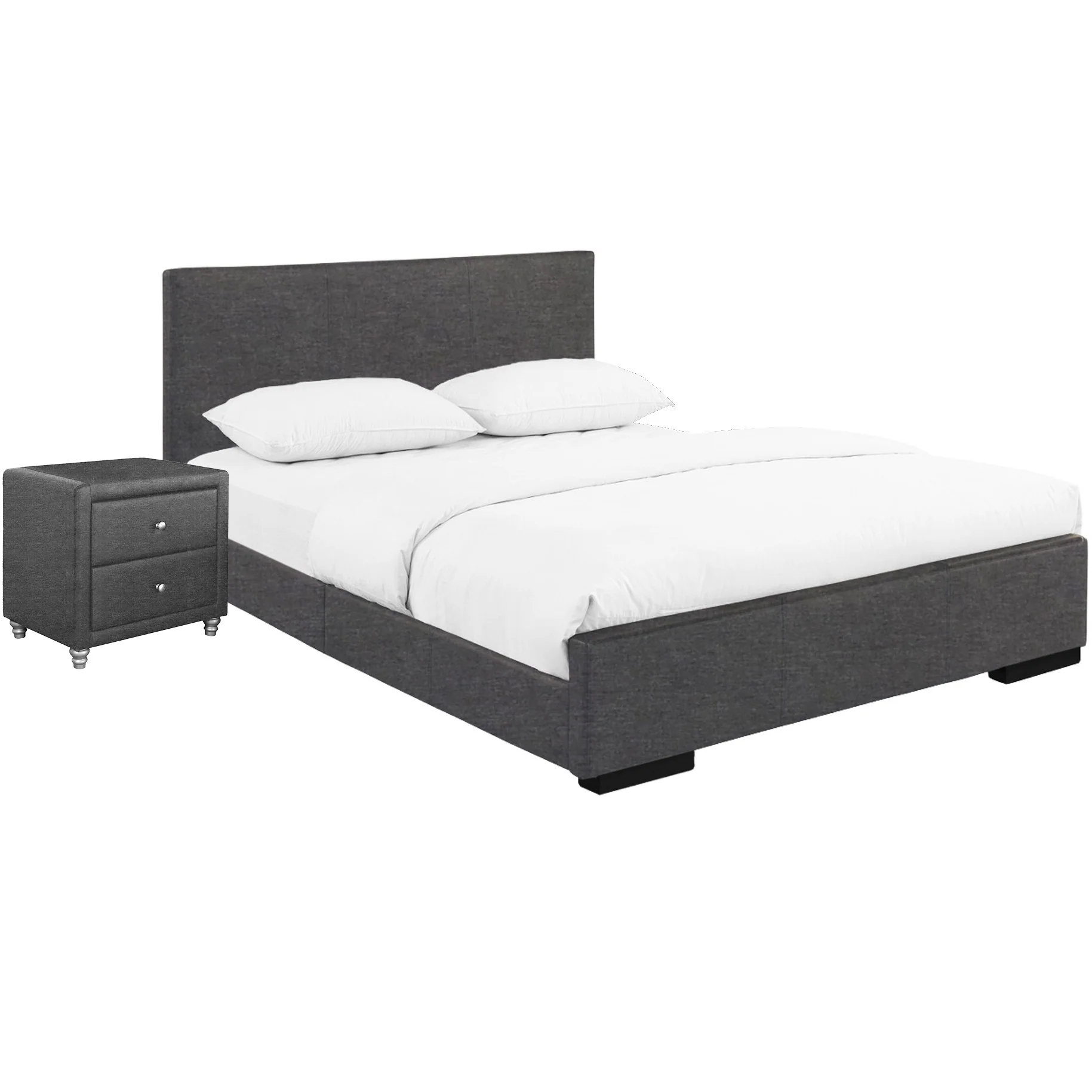 Grey Upholstered Full Platform Bed With Nightstand By Homeroots - Image 3