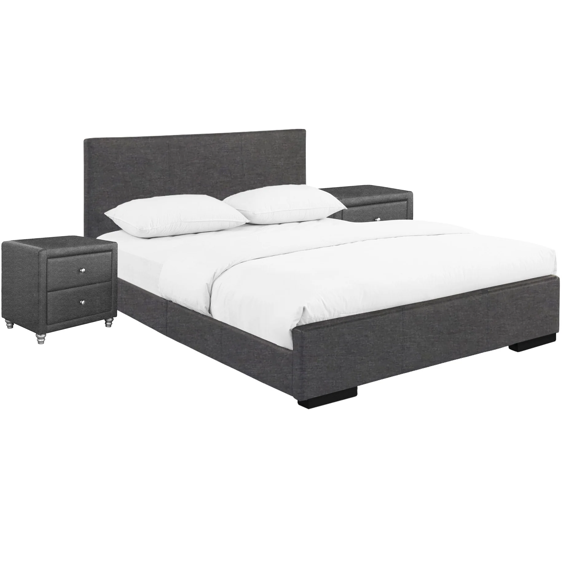 Grey Upholstered Platform Queen Bed With Two Nightstands By Homeroots - Image 3