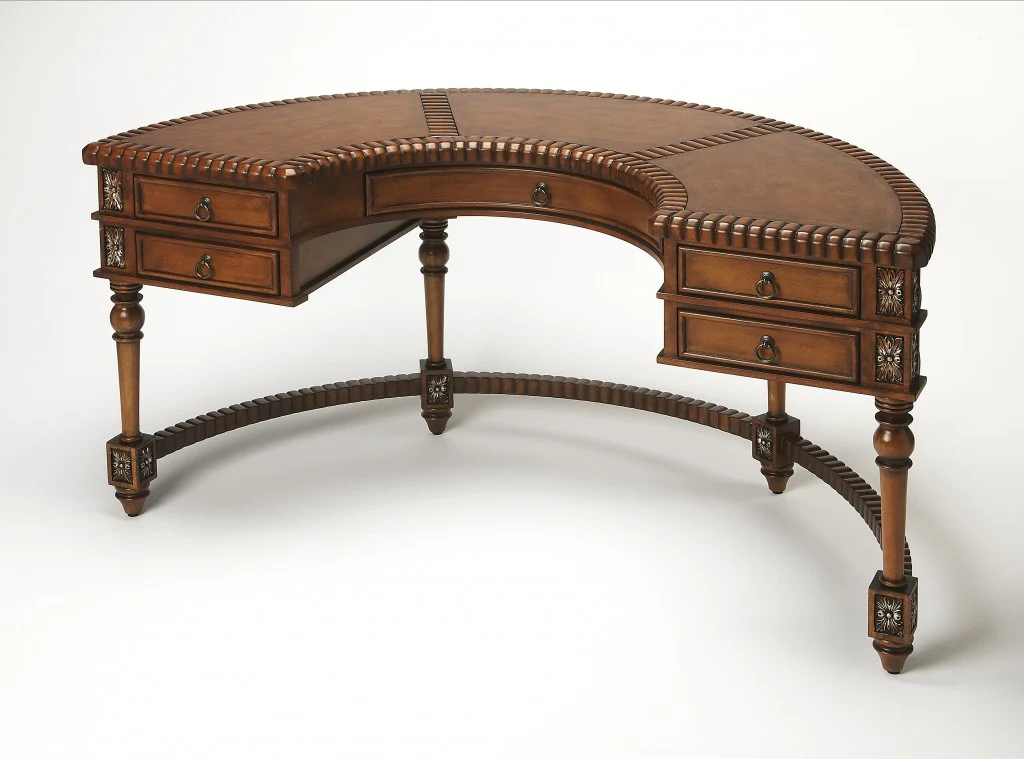 Hand Carved Leather Top Crescent Shape Desk By Homeroots - Image 2