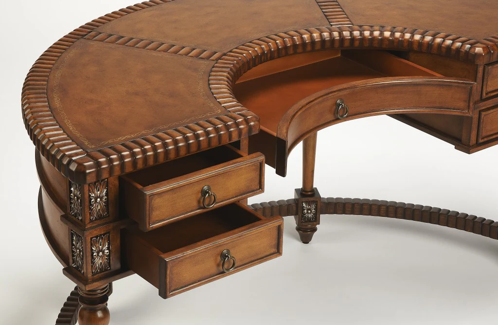 Hand Carved Leather Top Crescent Shape Desk By Homeroots - Image 3
