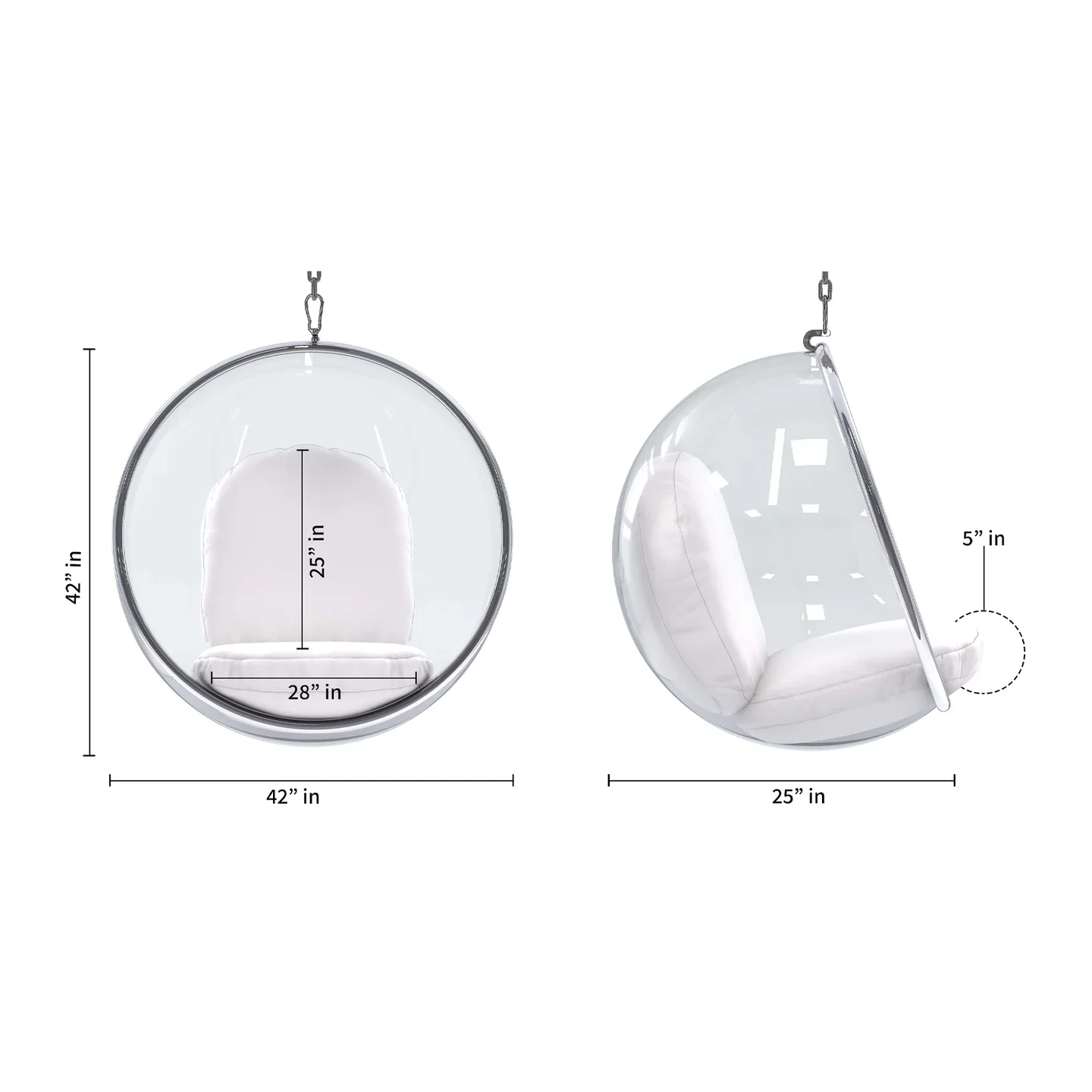 Hanging Bubble Chair, White Cushions By World Modern Design - Image 2