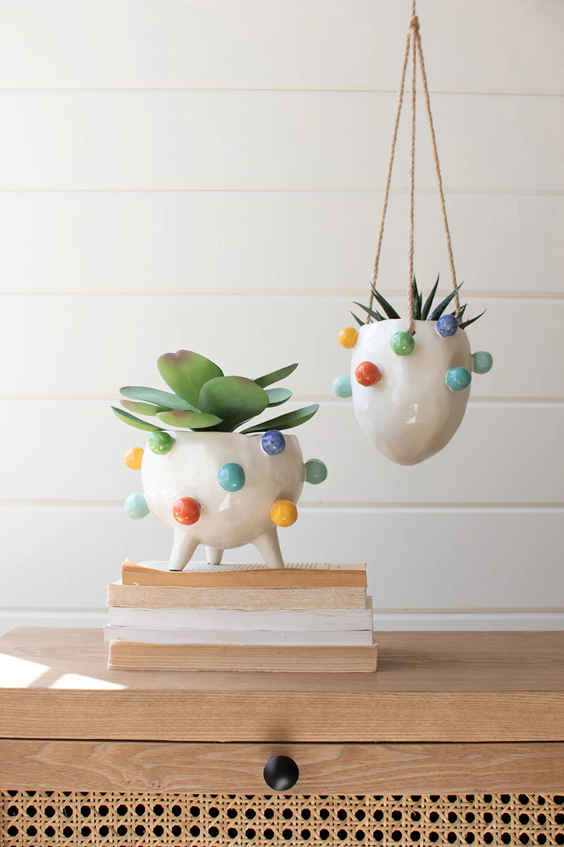 Hanging Ceramic Planter With Colorful Bubbles (Min 2) By Kalalou - Image 2